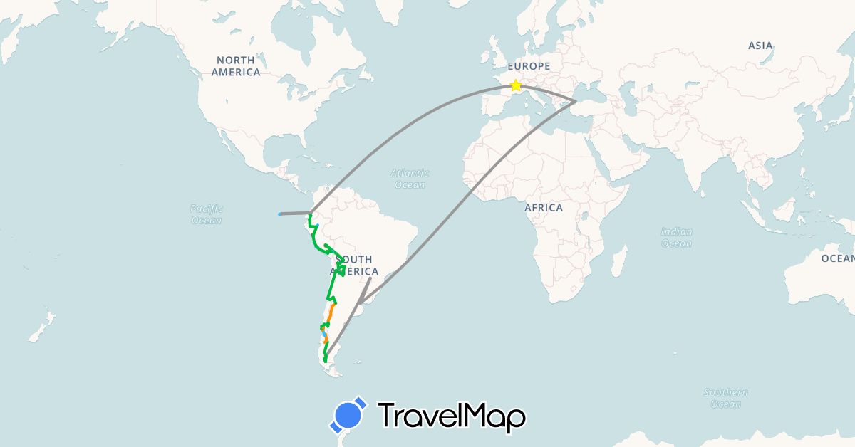 TravelMap itinerary: driving, bus, plane, hiking, boat, hitchhiking in Argentina, Bolivia, Chile, Ecuador, France, Peru, Turkey (Asia, Europe, South America)